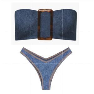 NWT WeWoreWhat Buckle Bandeau Bikini Top & Bikini Bottom Set Denim Women's Large